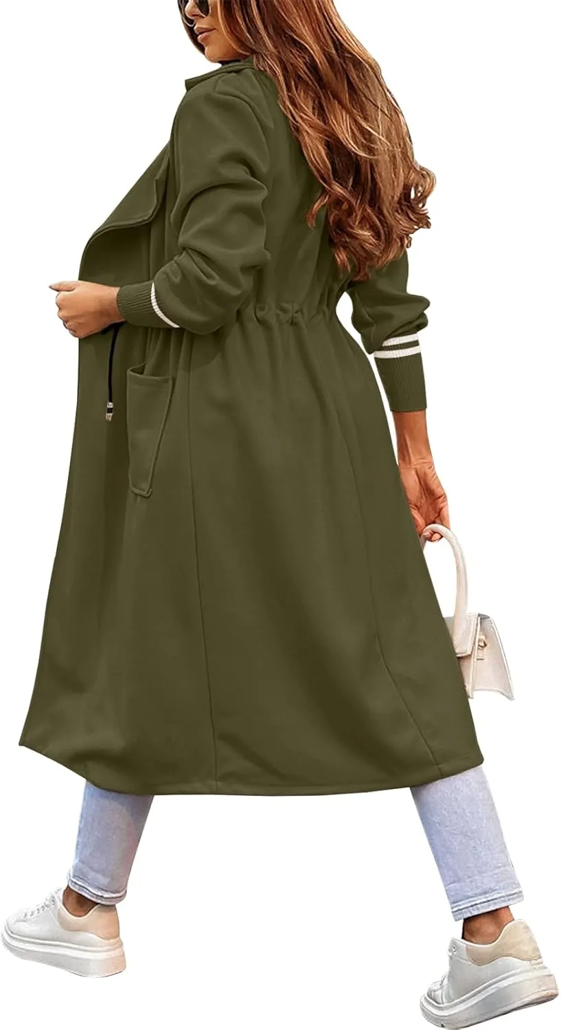 Fazortev Women Coat Pocket Casual Drawstring Waist Open Front Classic Lapel Overcoat