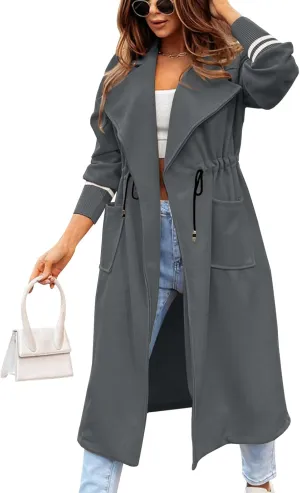 Fazortev Women Coat Pocket Casual Drawstring Waist Open Front Classic Lapel Overcoat