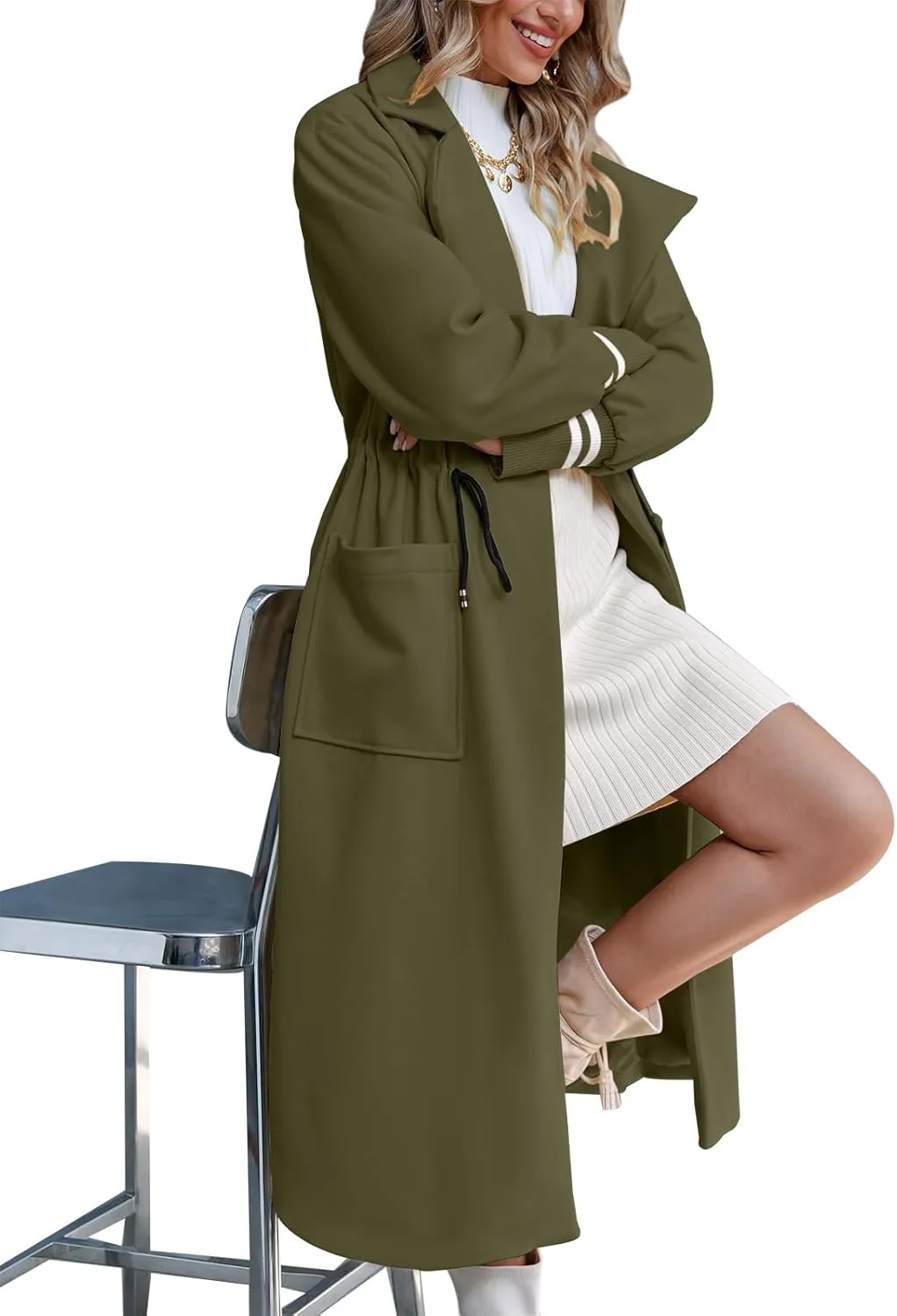 Fazortev Women Coat Pocket Casual Drawstring Waist Open Front Classic Lapel Overcoat