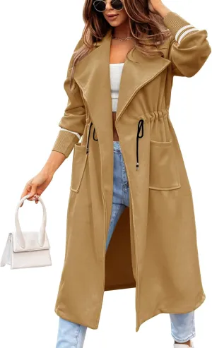 Fazortev Women Coat Pocket Casual Drawstring Waist Open Front Classic Lapel Overcoat