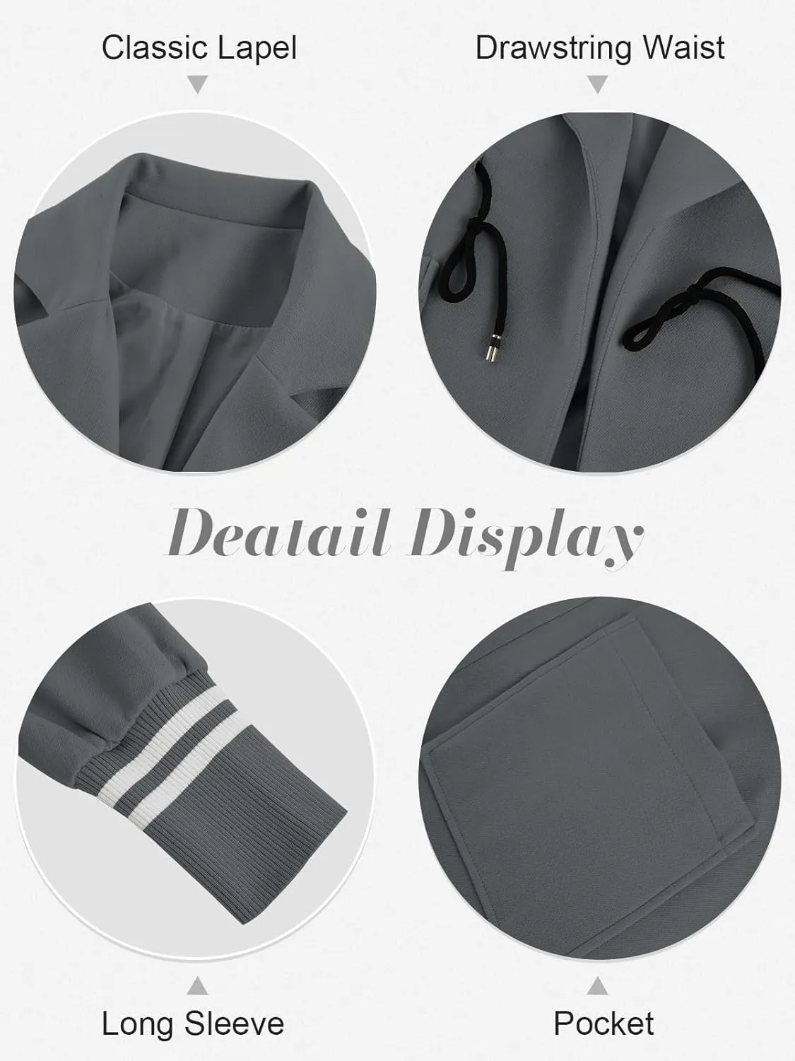 Fazortev Women Coat Pocket Casual Drawstring Waist Open Front Classic Lapel Overcoat