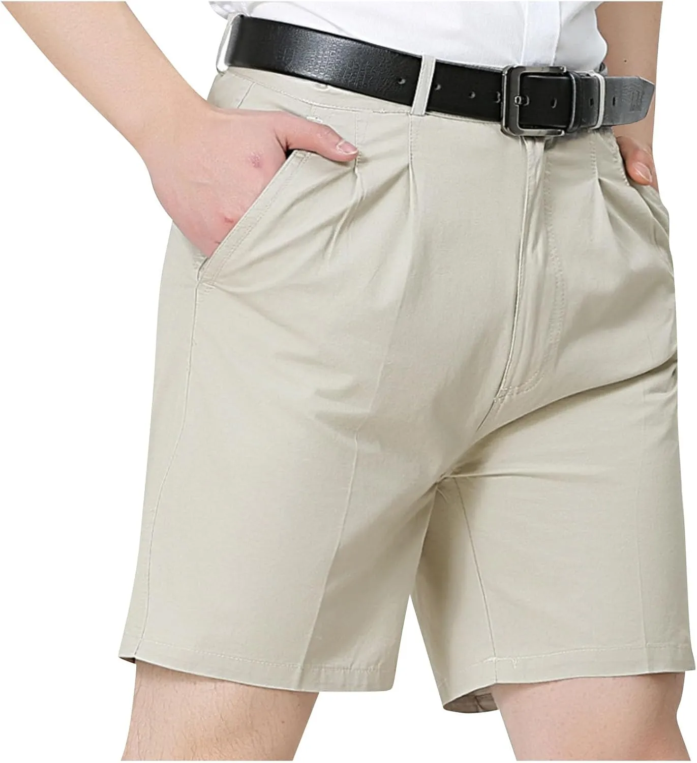 Finelylove Mens Chino Shorts Summer 7 Inch Pleat Front Button Waist Cotton Twill Work Golf Dress Shorts with Pockets