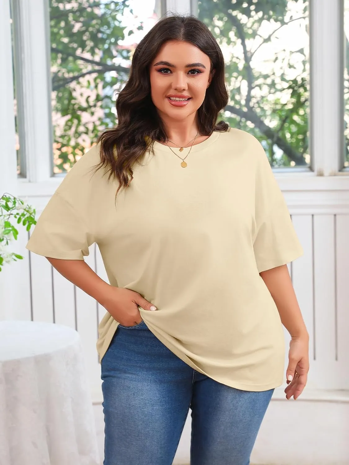 Fisoew Women's Plus Size T Shirts Oversized Tees Summer Half Sleeve Crew Neck Tunic Tops