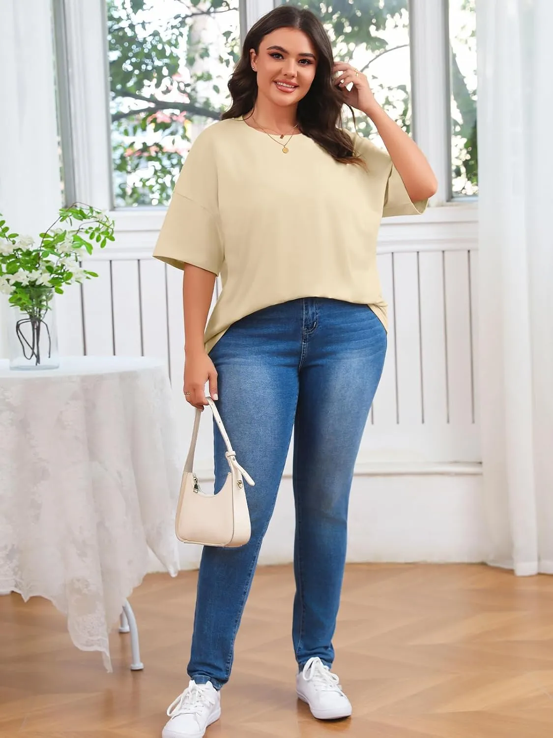 Fisoew Women's Plus Size T Shirts Oversized Tees Summer Half Sleeve Crew Neck Tunic Tops