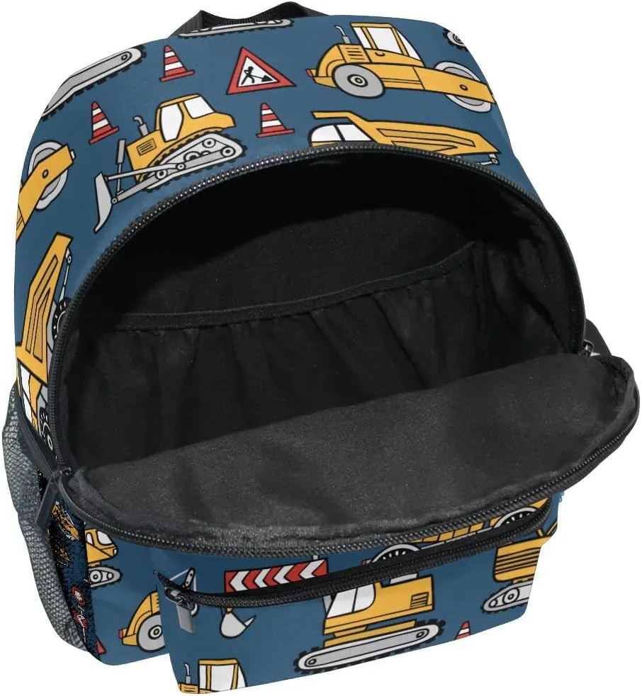Fisyme Toddler Backpack Construction Cars Blue School Bag Kids Backpacks for Kindergarten Preschool Nursery Girls Boys, S