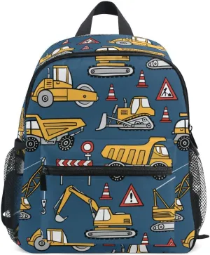 Fisyme Toddler Backpack Construction Cars Blue School Bag Kids Backpacks for Kindergarten Preschool Nursery Girls Boys, S