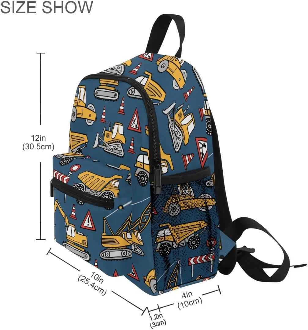 Fisyme Toddler Backpack Construction Cars Blue School Bag Kids Backpacks for Kindergarten Preschool Nursery Girls Boys, S