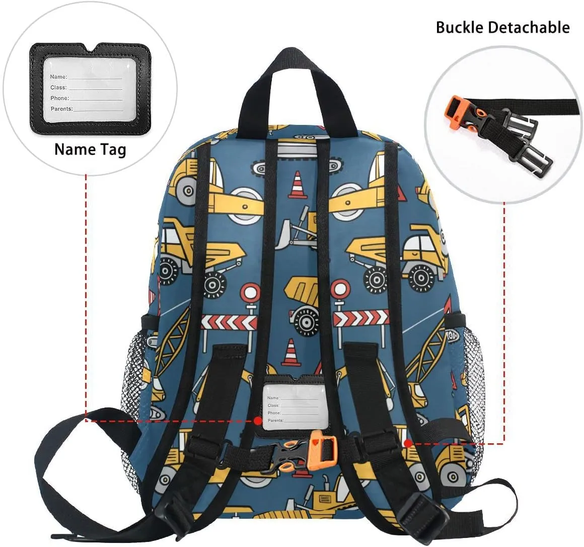 Fisyme Toddler Backpack Construction Cars Blue School Bag Kids Backpacks for Kindergarten Preschool Nursery Girls Boys, S