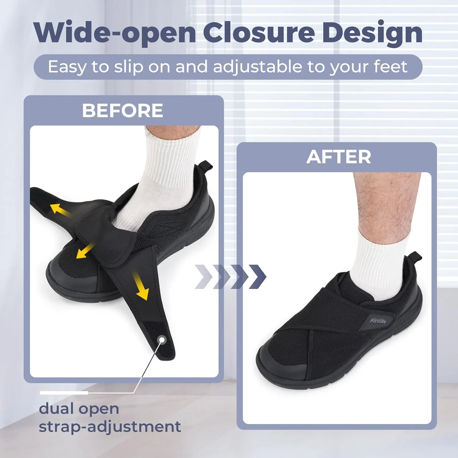 FitVille Diabetic Shoes for Men Extra Wide Width Adjustable Closure Walking Shoes Swollen Feet Shoes for Neuropathy Pain Relief - EasyTop V5