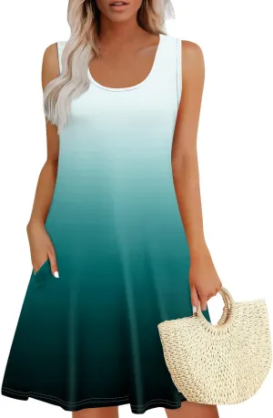 FlekmanArt Womens Summer Dresses Loose Tshirt Tank Dresses Prited Beach Sleeveless Mini Dress Casual Sundresses with Pockets
