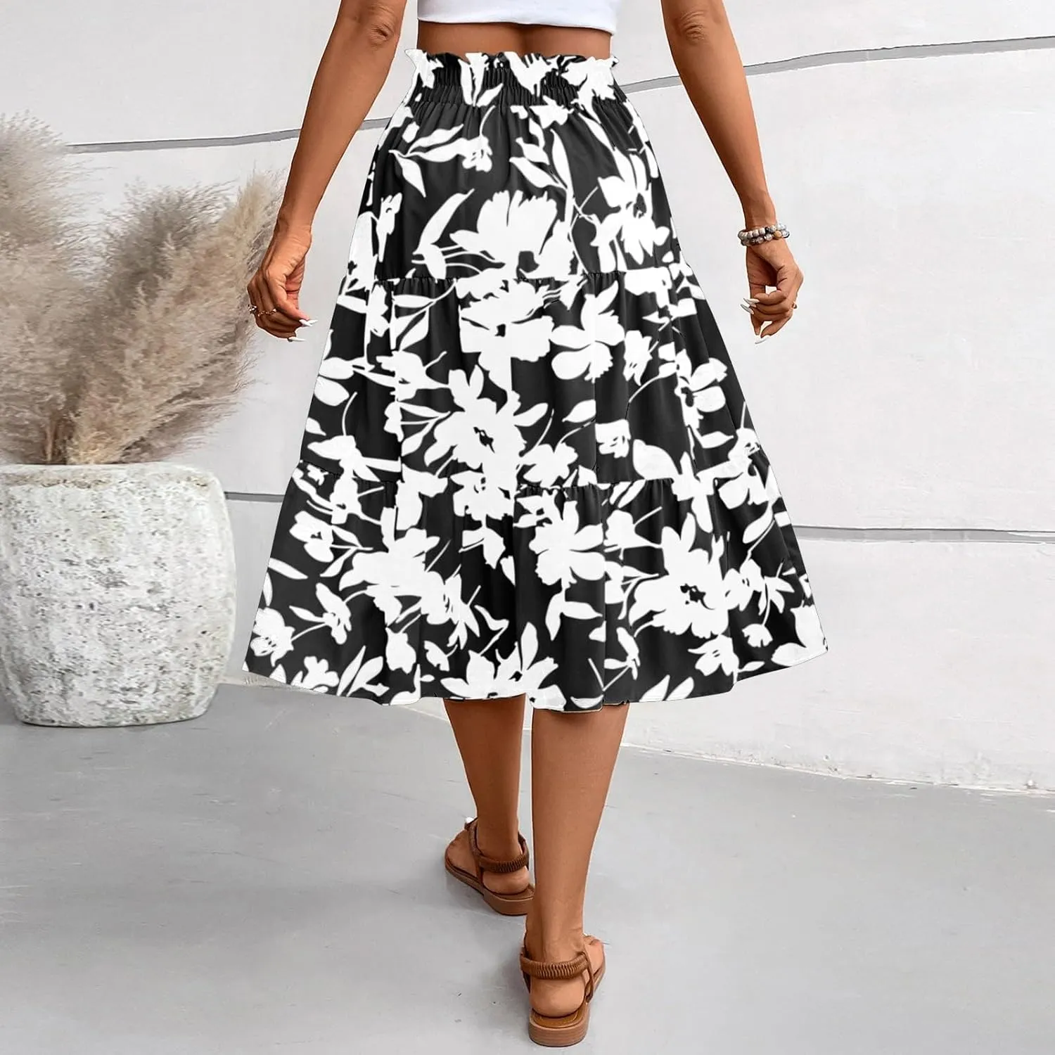 Floral Midi Skirts for Women Drawstring Waist Ruffle Hem Tiered Flowy Long Skirt A Line Boho Pleated Floral Skirt