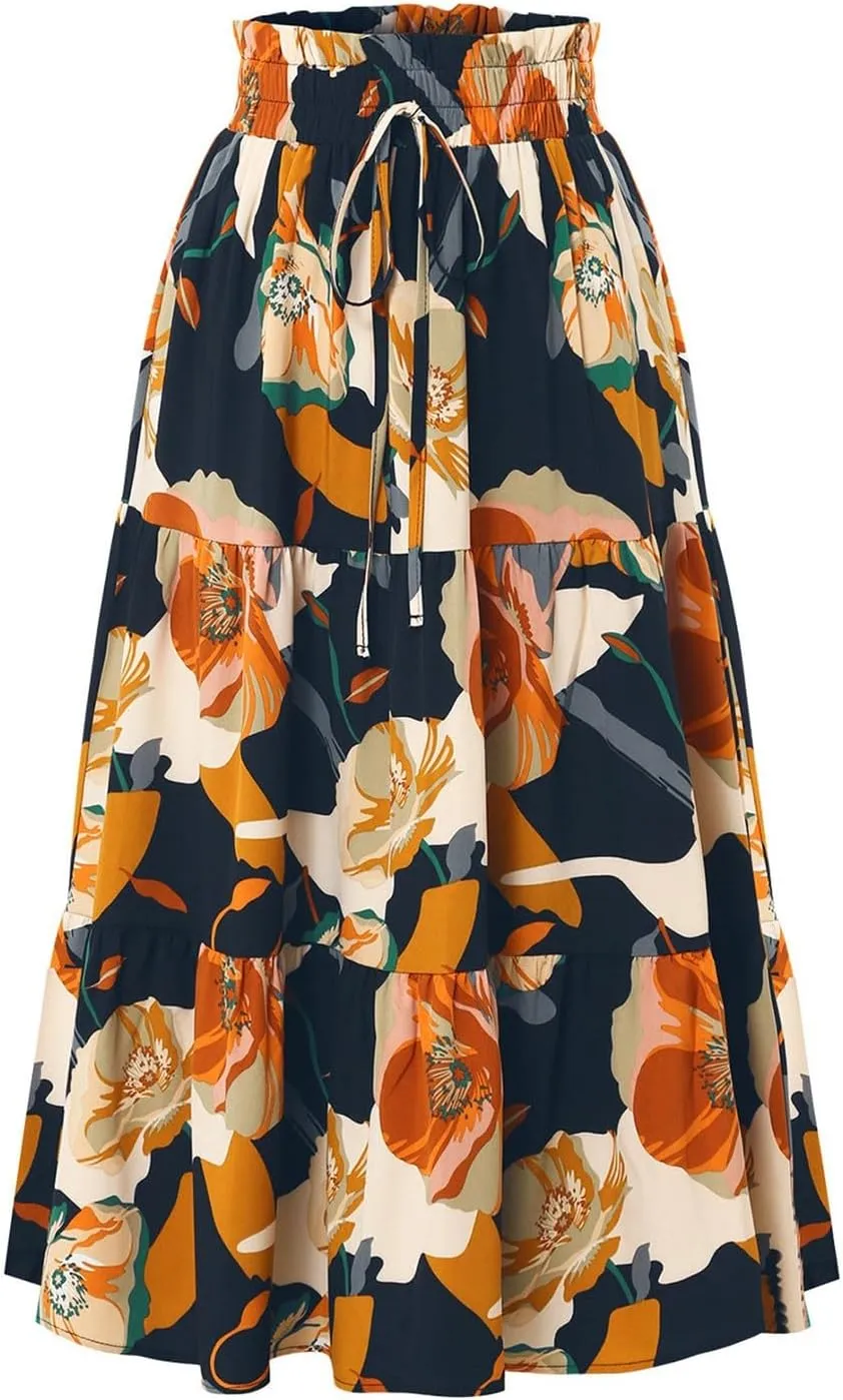 Floral Midi Skirts for Women Drawstring Waist Ruffle Hem Tiered Flowy Long Skirt A Line Boho Pleated Floral Skirt