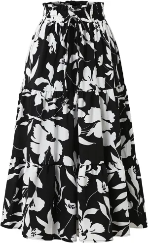 Floral Midi Skirts for Women Drawstring Waist Ruffle Hem Tiered Flowy Long Skirt A Line Boho Pleated Floral Skirt
