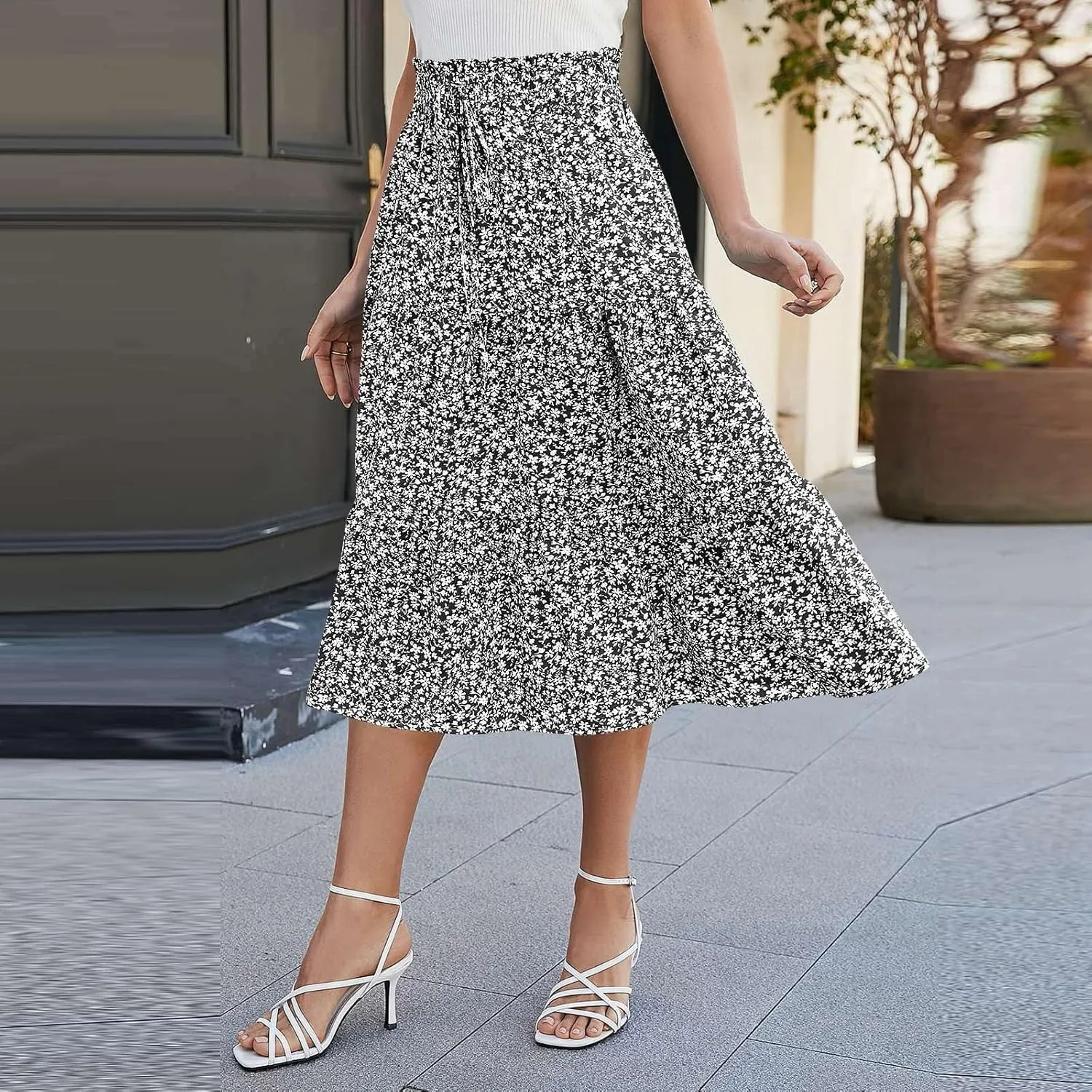 Floral Midi Skirts for Women High Waisted Boho Pleated Tiered Skirt Elegant Ruffle Hem Drawstring A Line Skater Skirt
