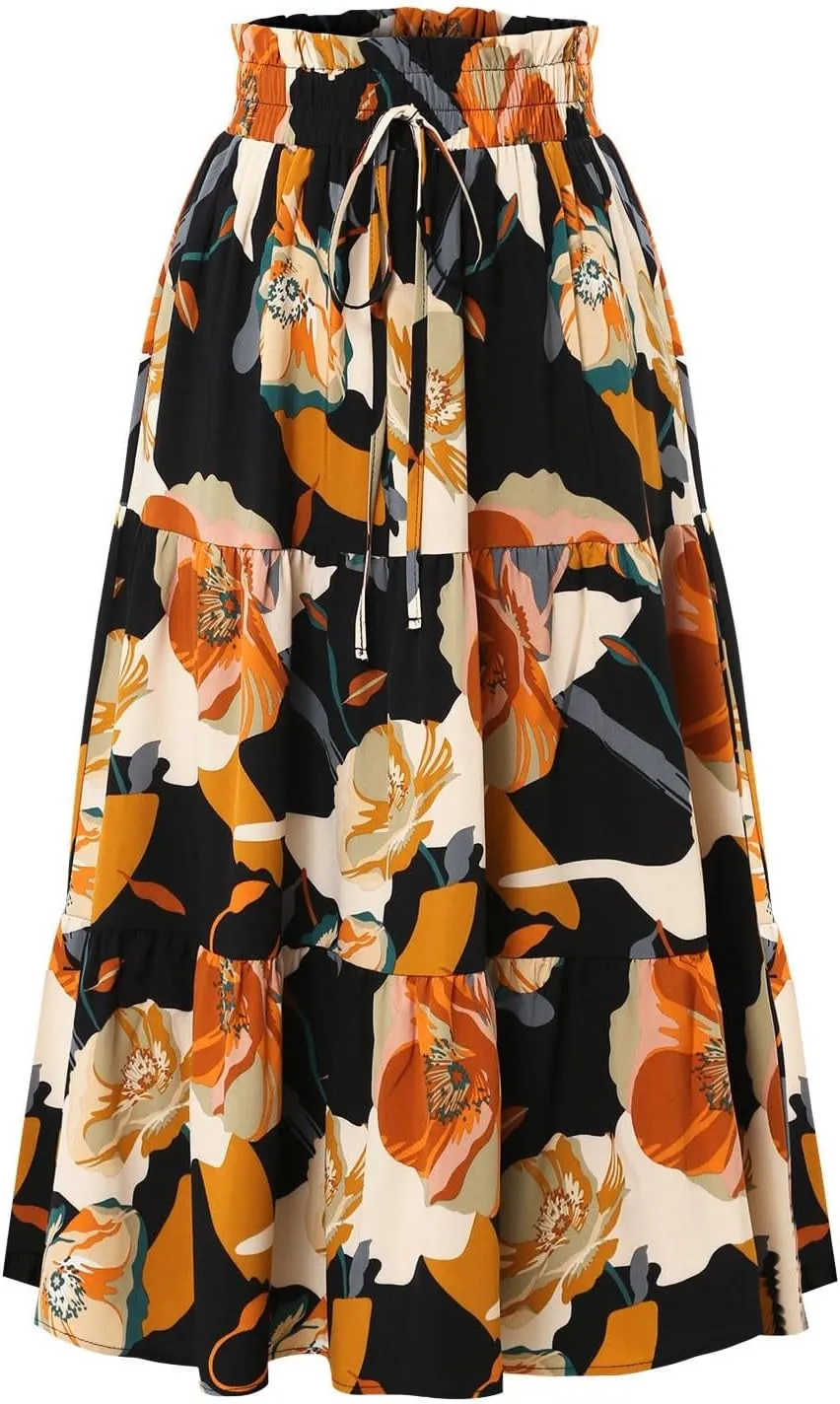 Floral Midi Skirts for Women High Waisted Boho Pleated Tiered Skirt Elegant Ruffle Hem Drawstring A Line Skater Skirt