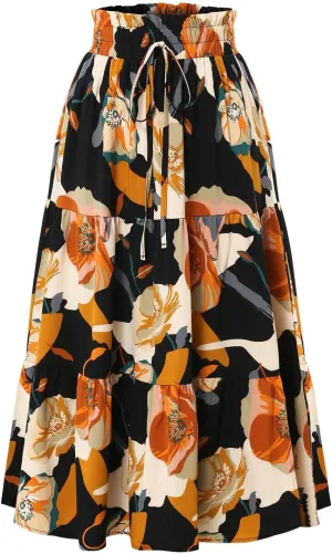 Floral Midi Skirts for Women High Waisted Boho Pleated Tiered Skirt Elegant Ruffle Hem Drawstring A Line Skater Skirt
