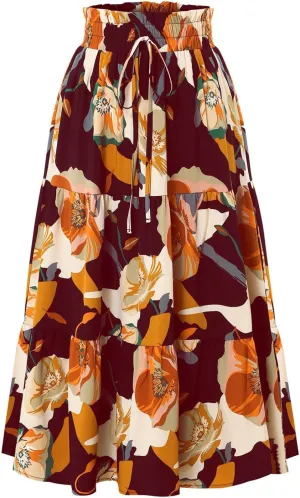 Floral Midi Skirts for Women High Waisted Boho Pleated Tiered Skirt Elegant Ruffle Hem Drawstring A Line Skater Skirt