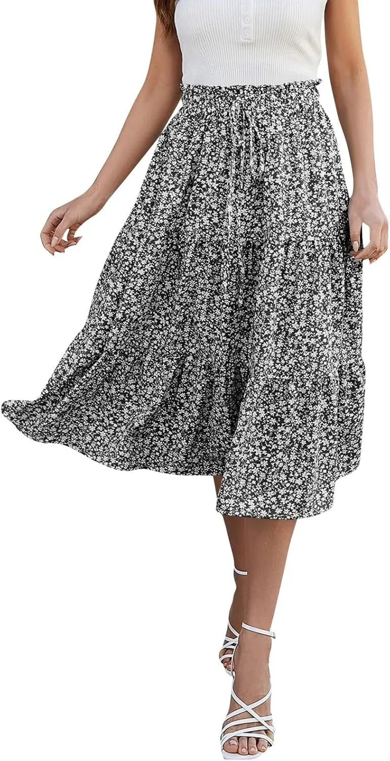 Floral Midi Skirts for Women High Waisted Boho Pleated Tiered Skirt Elegant Ruffle Hem Drawstring A Line Skater Skirt