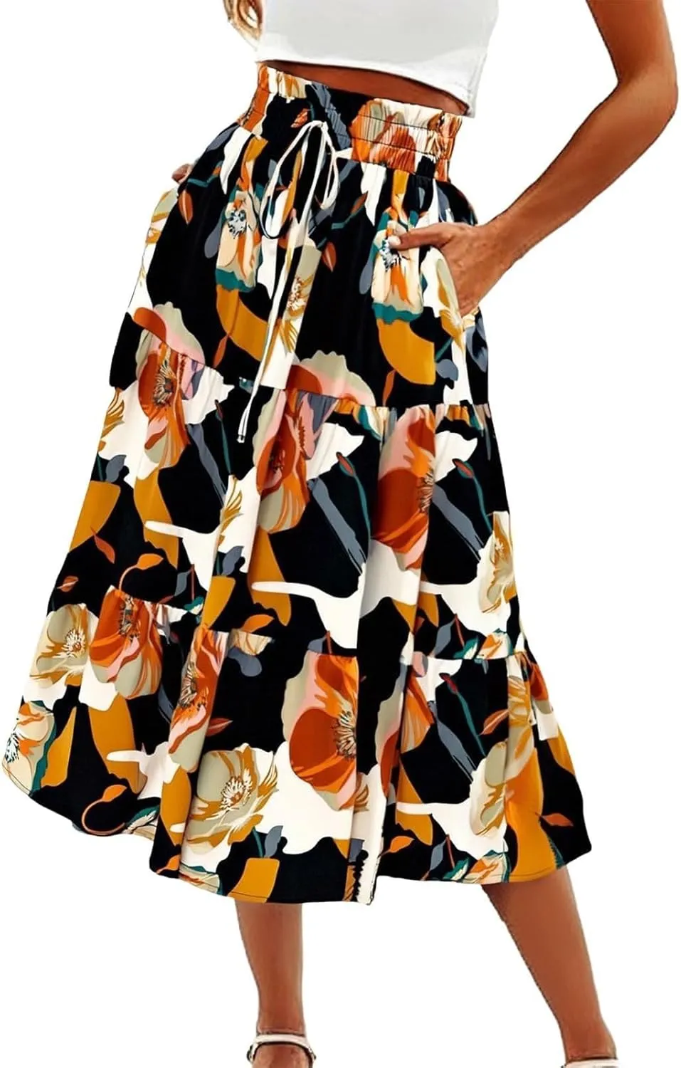Floral Midi Skirts for Women High Waisted Boho Pleated Tiered Skirt Elegant Ruffle Hem Drawstring A Line Skater Skirt