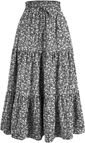Floral Midi Skirts for Women High Waisted Boho Pleated Tiered Skirt Elegant Ruffle Hem Drawstring A Line Skater Skirt