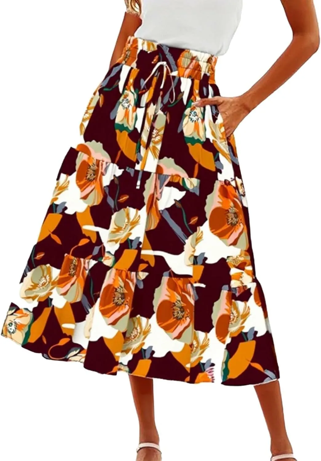 Floral Midi Skirts for Women High Waisted Boho Pleated Tiered Skirt Elegant Ruffle Hem Drawstring A Line Skater Skirt