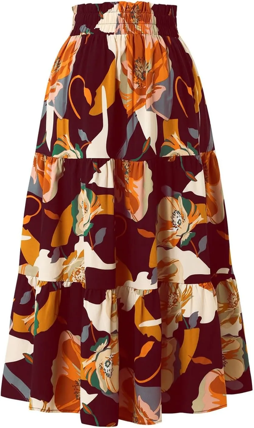 Floral Midi Skirts for Women High Waisted Boho Pleated Tiered Skirt Elegant Ruffle Hem Drawstring A Line Skater Skirt