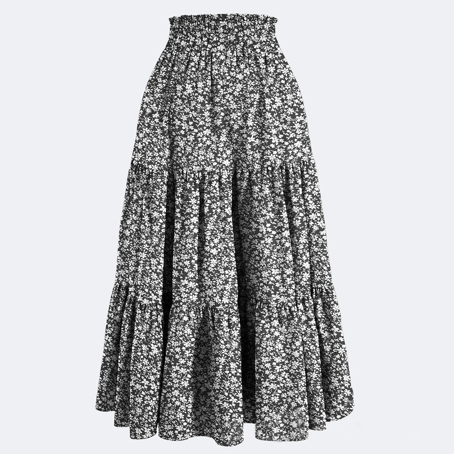 Floral Midi Skirts for Women High Waisted Boho Pleated Tiered Skirt Elegant Ruffle Hem Drawstring A Line Skater Skirt