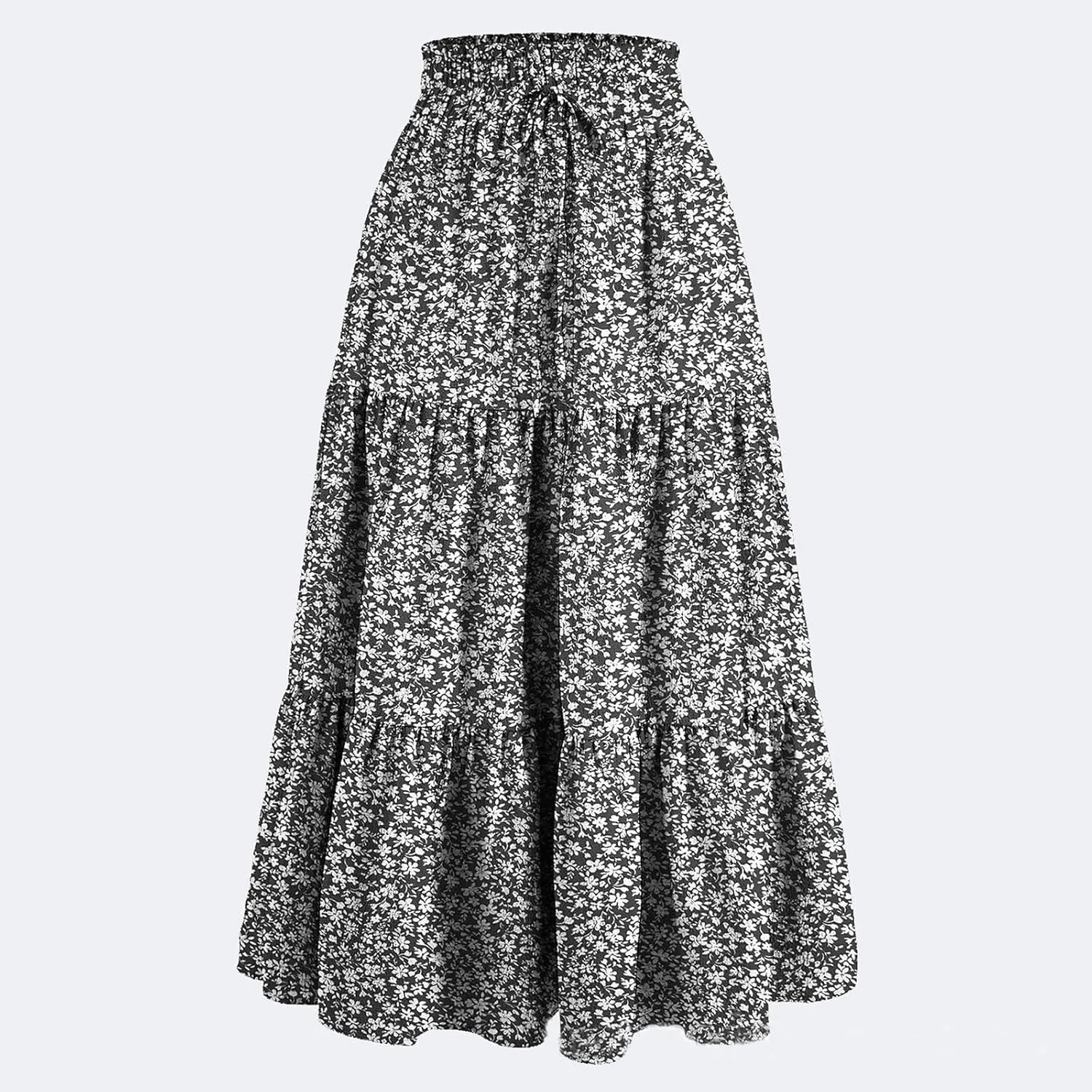 Floral Midi Skirts for Women High Waisted Boho Pleated Tiered Skirt Elegant Ruffle Hem Drawstring A Line Skater Skirt
