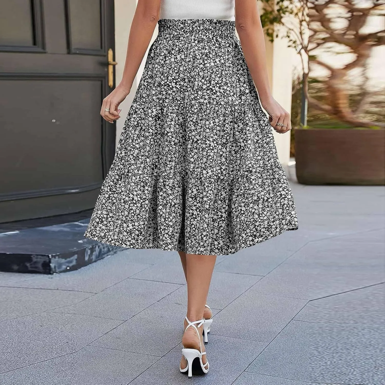 Floral Midi Skirts for Women High Waisted Boho Pleated Tiered Skirt Elegant Ruffle Hem Drawstring A Line Skater Skirt
