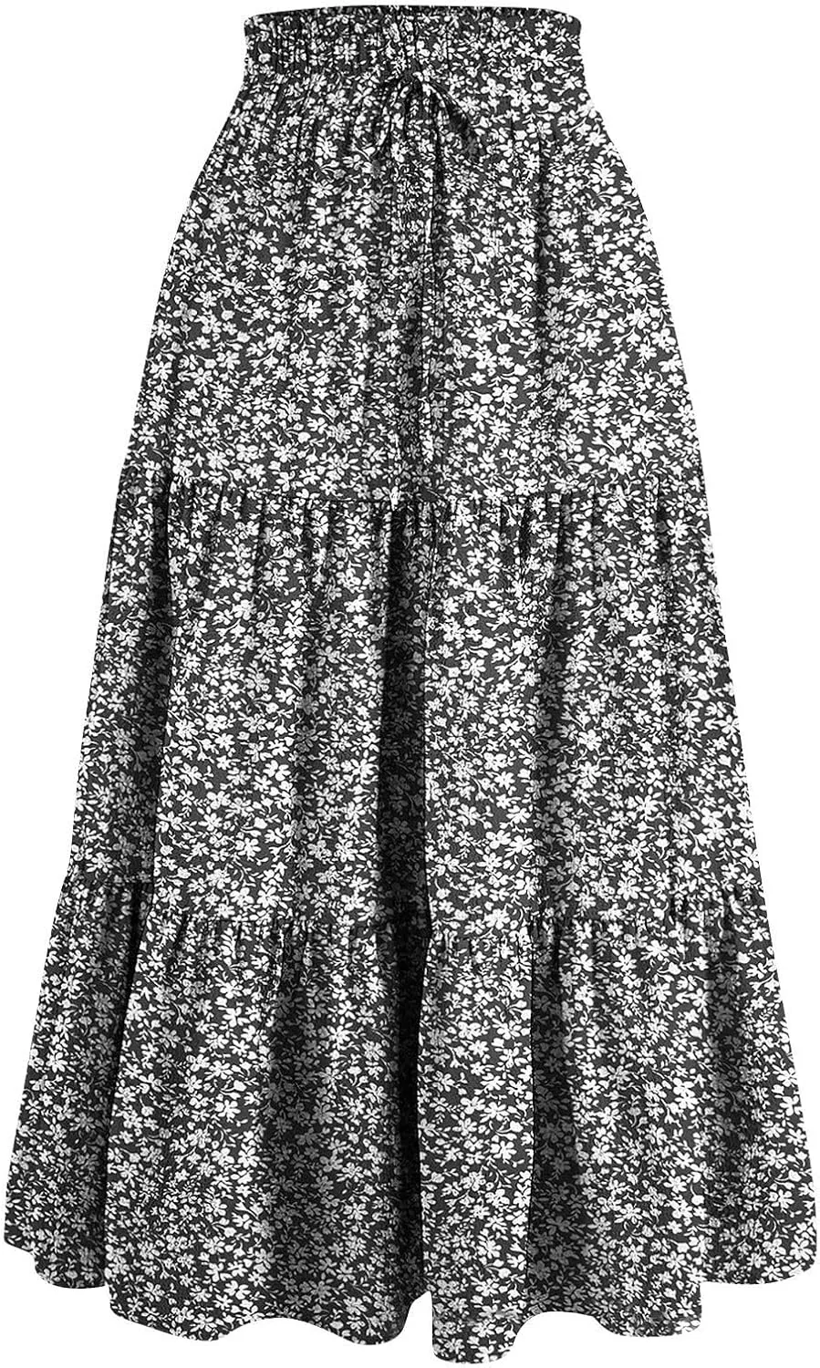 Floral Midi Skirts for Women High Waisted Boho Pleated Tiered Skirt Elegant Ruffle Hem Drawstring A Line Skater Skirt
