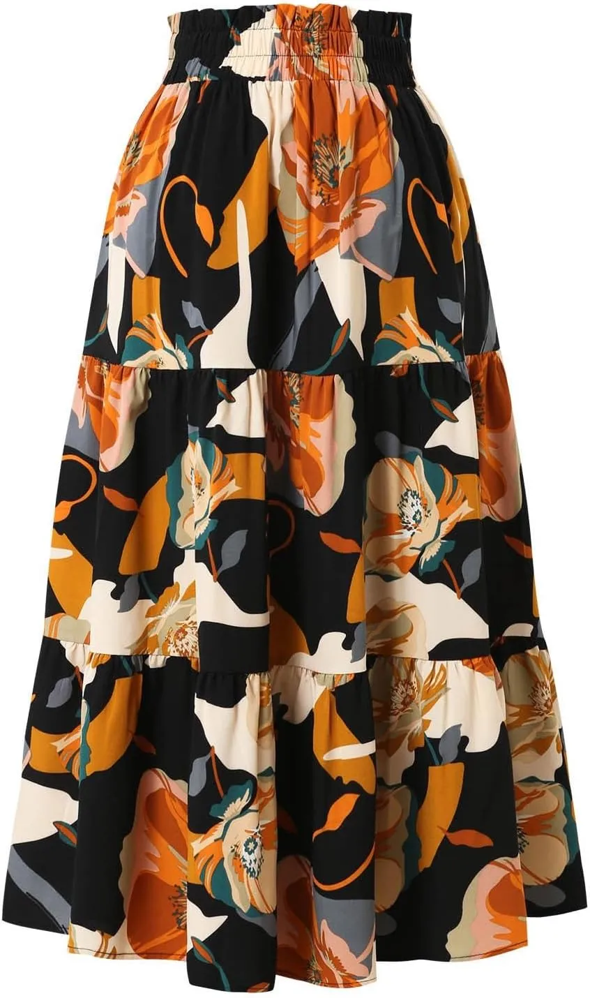 Floral Midi Skirts for Women High Waisted Boho Pleated Tiered Skirt Elegant Ruffle Hem Drawstring A Line Skater Skirt