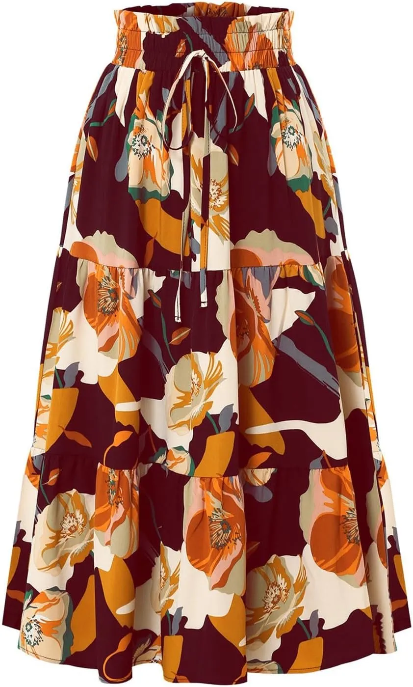 Floral Midi Skirts for Women High Waisted Boho Pleated Tiered Skirt Elegant Ruffle Hem Drawstring A Line Skater Skirt