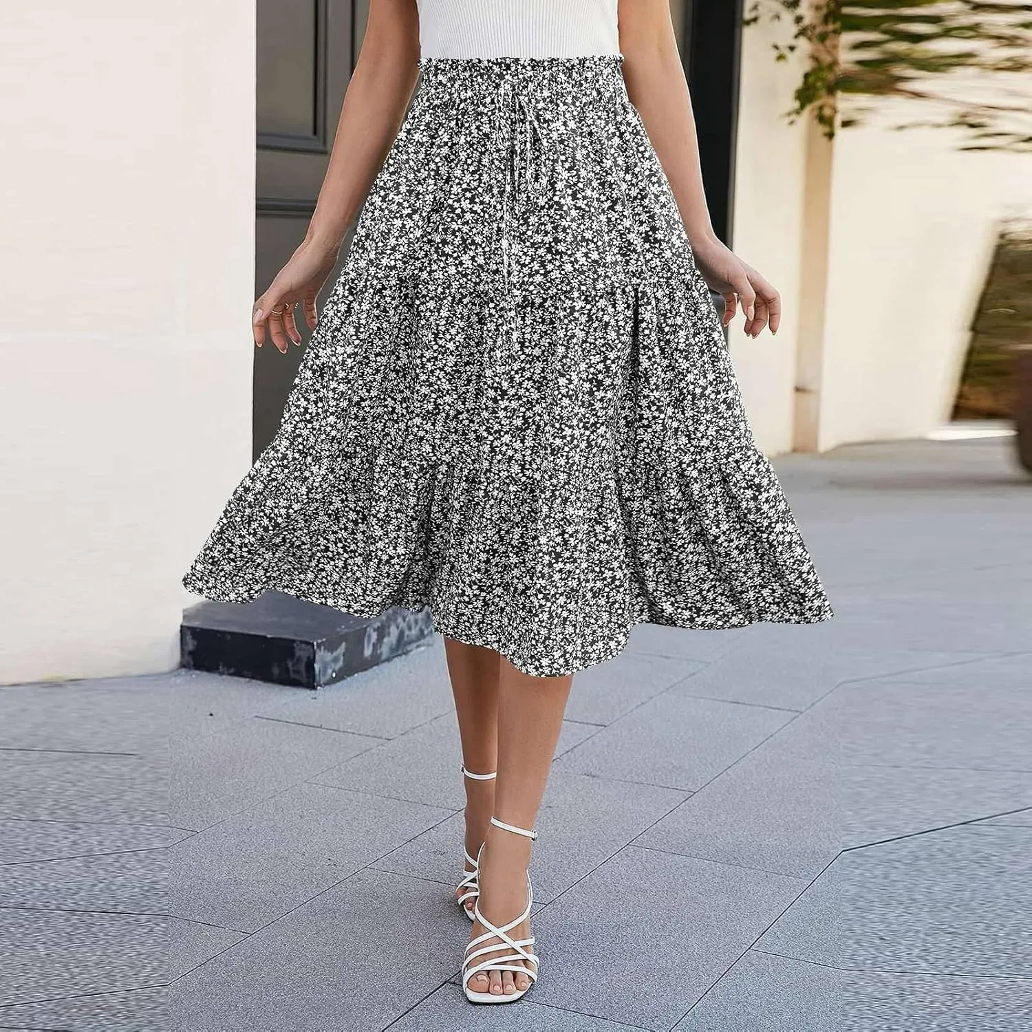 Floral Midi Skirts for Women High Waisted Boho Pleated Tiered Skirt Elegant Ruffle Hem Drawstring A Line Skater Skirt
