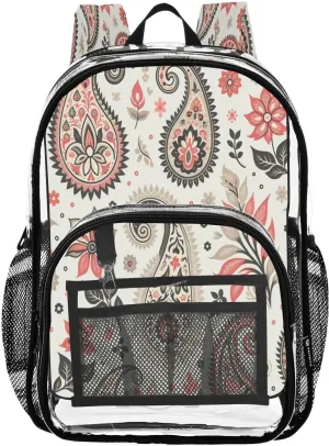 Floral Paisley Beige Clear Backpack with Back Print, Heavy Duty See Through Backpacks PVC Transparent Daypack for Travel Security