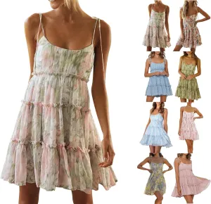 Floral Sundress for Women Cute Spaghetti Strap A Line Chiffon Mini Dress Boho Summer Casual Tiered Sundresses