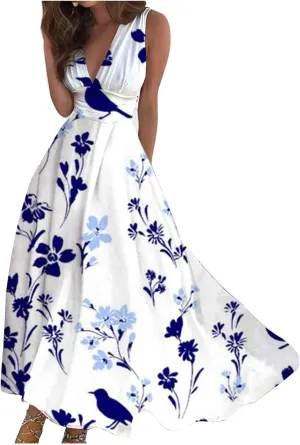 Flowy Dresses for Women Deep V Neck Casual Floral Long Dress Sleeveless Swing Cute Dresses Sexy Maxi Elegant Dress