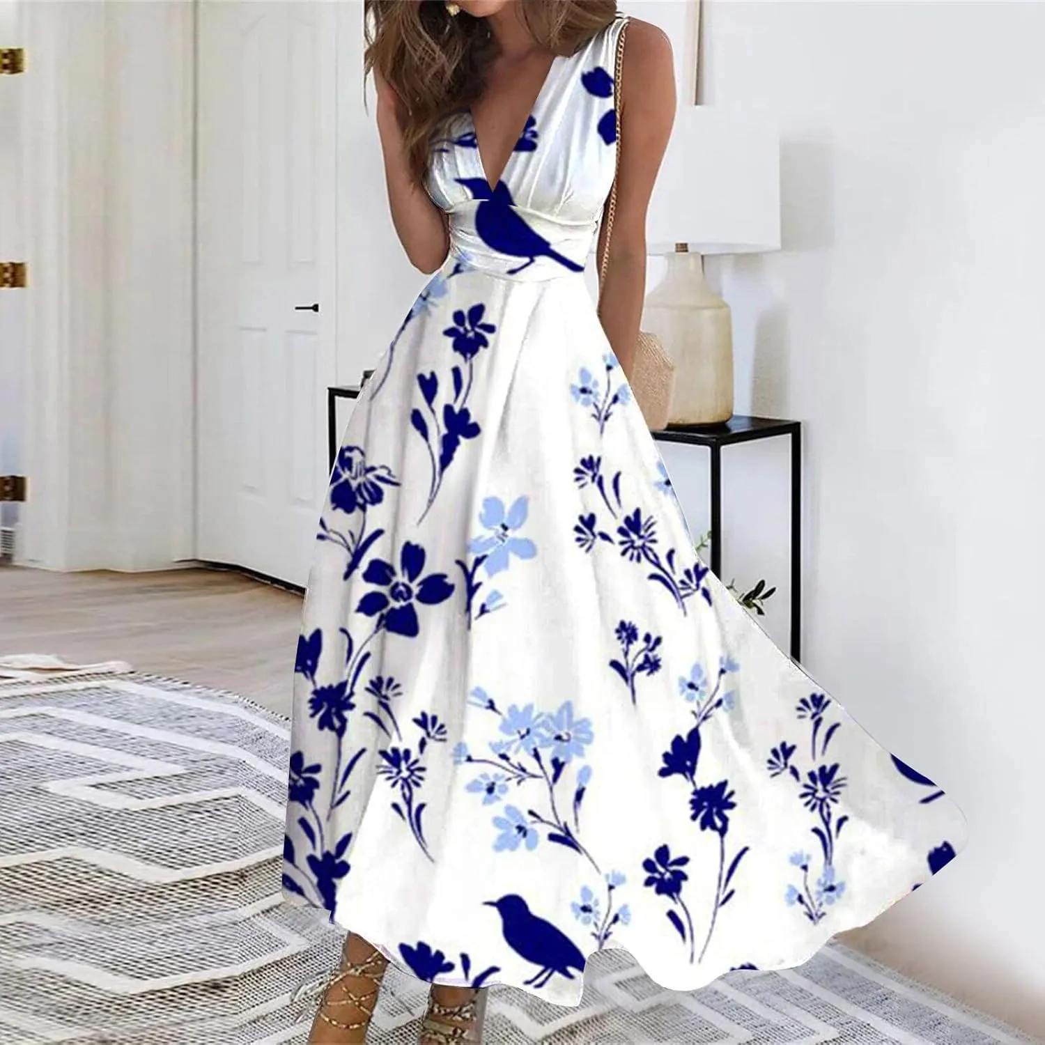 Flowy Dresses for Women Deep V Neck Casual Floral Long Dress Sleeveless Swing Cute Dresses Sexy Maxi Elegant Dress