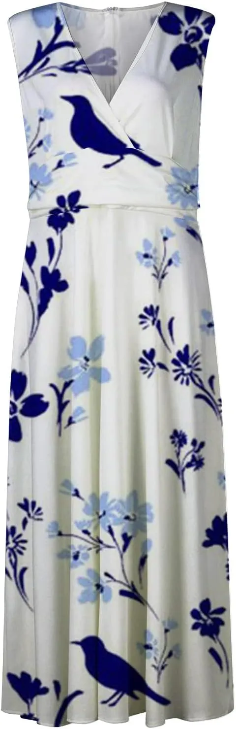 Flowy Dresses for Women Deep V Neck Casual Floral Long Dress Sleeveless Swing Cute Dresses Sexy Maxi Elegant Dress