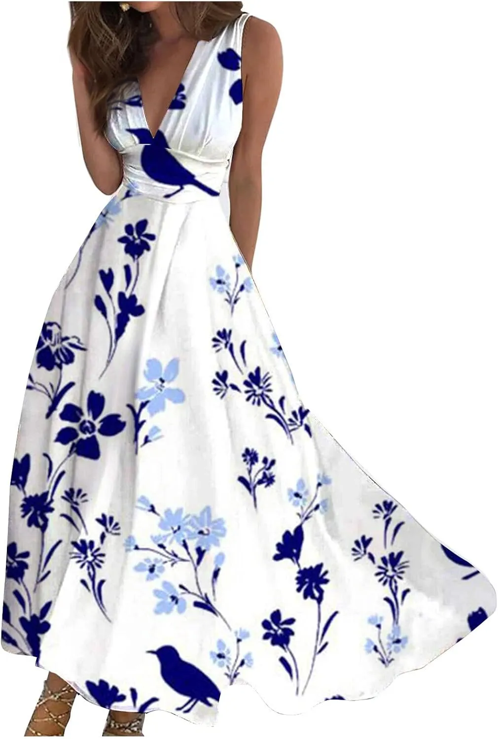 Flowy Dresses for Women Deep V Neck Casual Floral Long Dress Sleeveless Swing Cute Dresses Sexy Maxi Elegant Dress