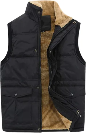 Flygo Men's Winter Warm Outdoor Padded Puffer Vest Thick Fleece Lined Sleeveless Jacket(Black L)