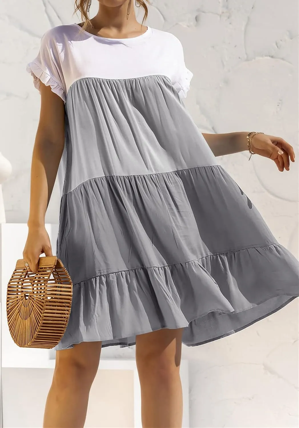 futurino Women's Colorblock Short Sleeve Loose Tiered Ruffle Smock Mini Dress