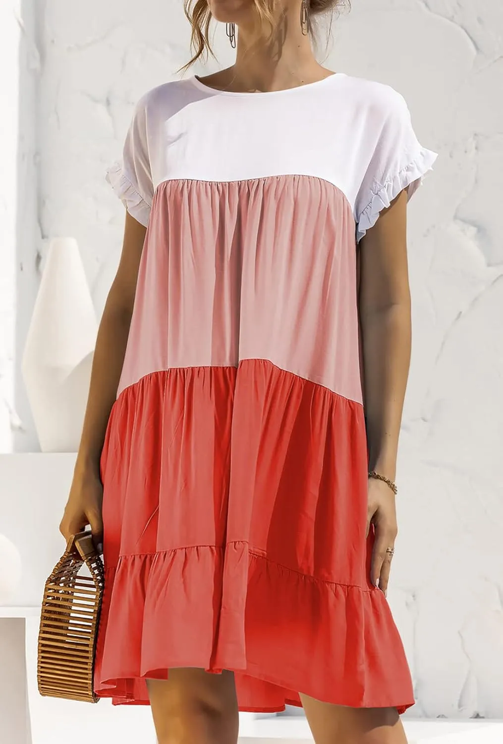 futurino Women's Colorblock Short Sleeve Loose Tiered Ruffle Smock Mini Dress
