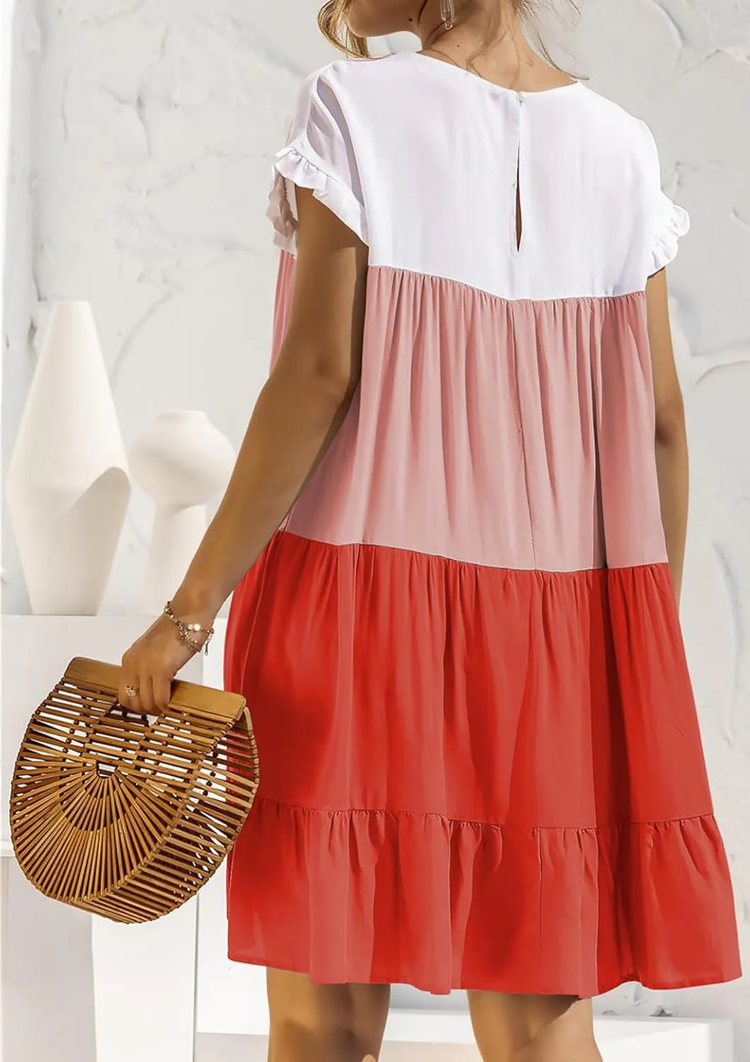 futurino Women's Colorblock Short Sleeve Loose Tiered Ruffle Smock Mini Dress