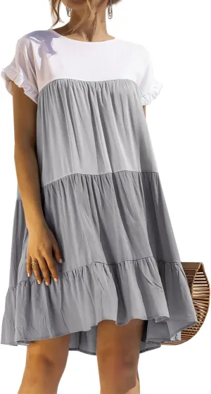 futurino Women's Colorblock Short Sleeve Loose Tiered Ruffle Smock Mini Dress