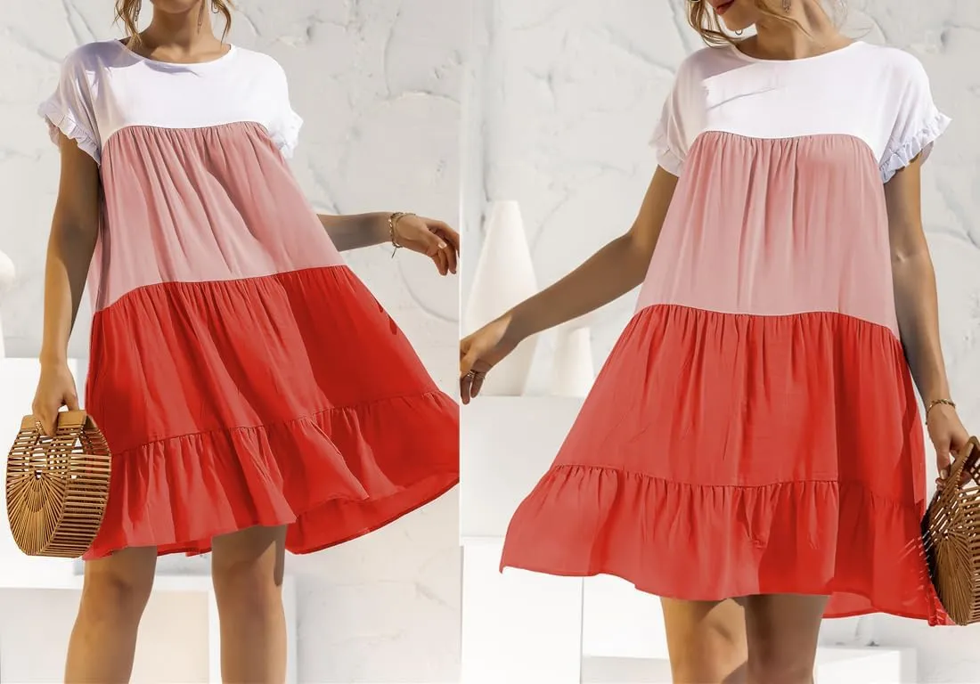 futurino Women's Colorblock Short Sleeve Loose Tiered Ruffle Smock Mini Dress