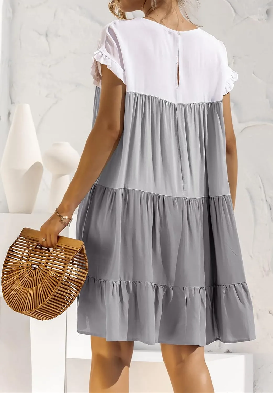 futurino Women's Colorblock Short Sleeve Loose Tiered Ruffle Smock Mini Dress