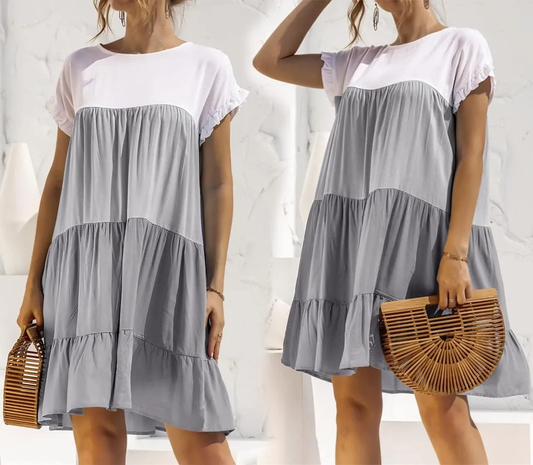 futurino Women's Colorblock Short Sleeve Loose Tiered Ruffle Smock Mini Dress