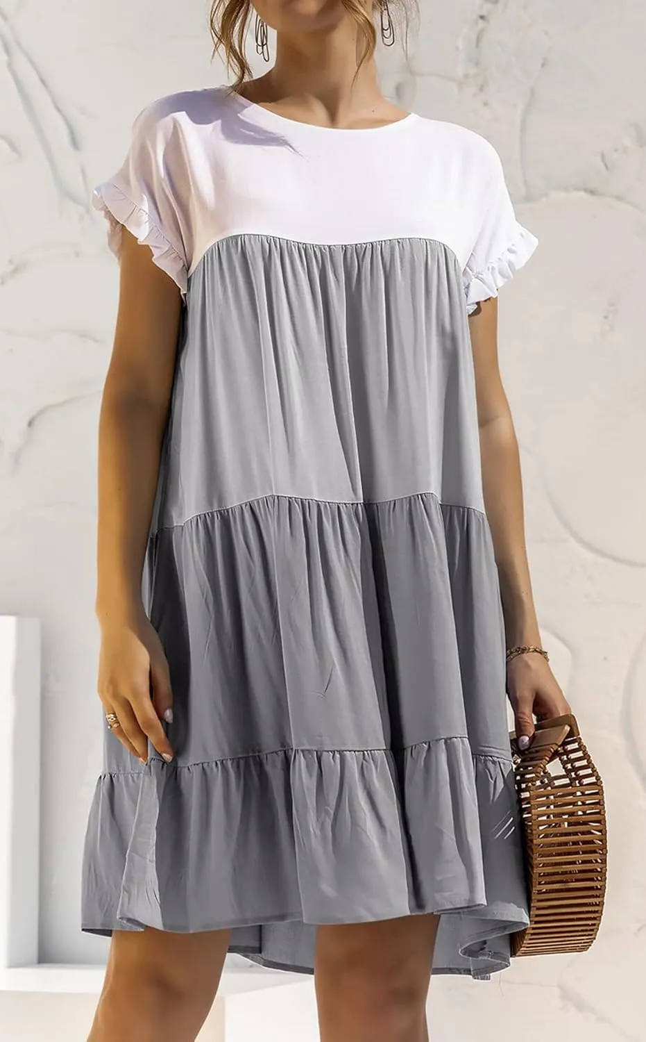 futurino Women's Colorblock Short Sleeve Loose Tiered Ruffle Smock Mini Dress