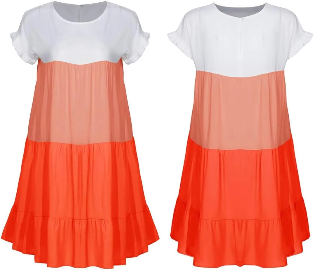 futurino Women's Colorblock Short Sleeve Loose Tiered Ruffle Smock Mini Dress