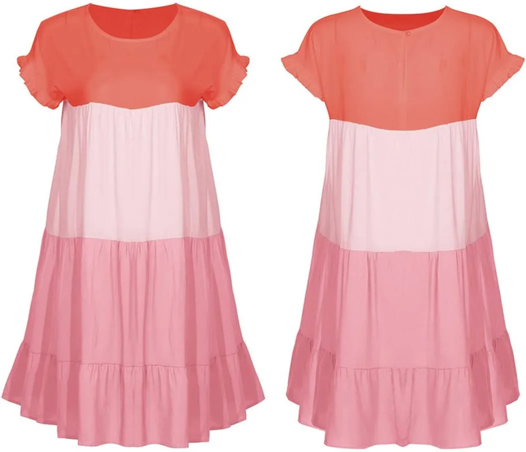 futurino Women's Colorblock Short Sleeve Loose Tiered Ruffle Smock Mini Dress